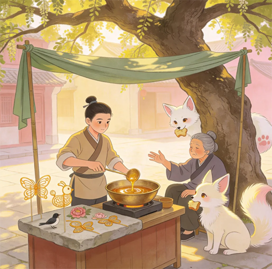 槐树下的糖画与白狐影