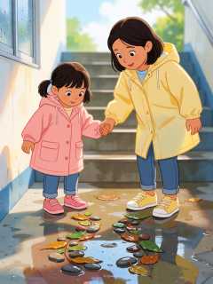 雨后楼道口，我和女儿给蜗牛铺两条湿路