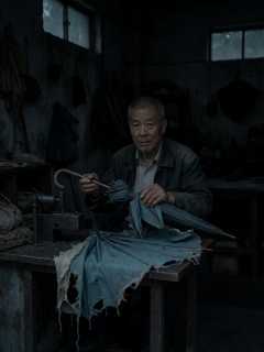 老城区巷口修伞铺，陈叔挂伞时留下的半块伞布