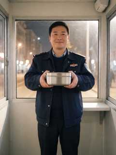 夜班保安老陈在门岗亭直播卖保温饭盒