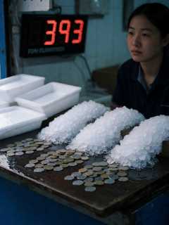 凌晨水产摊，阿琴把碎冰和零钱摆成三行