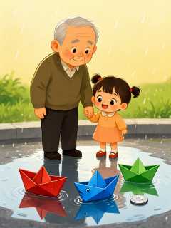 雨后水洼边，老陈和女儿小满放了三艘不一样的纸船